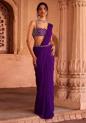 Voilet Handwork Pre Draped Saree Set