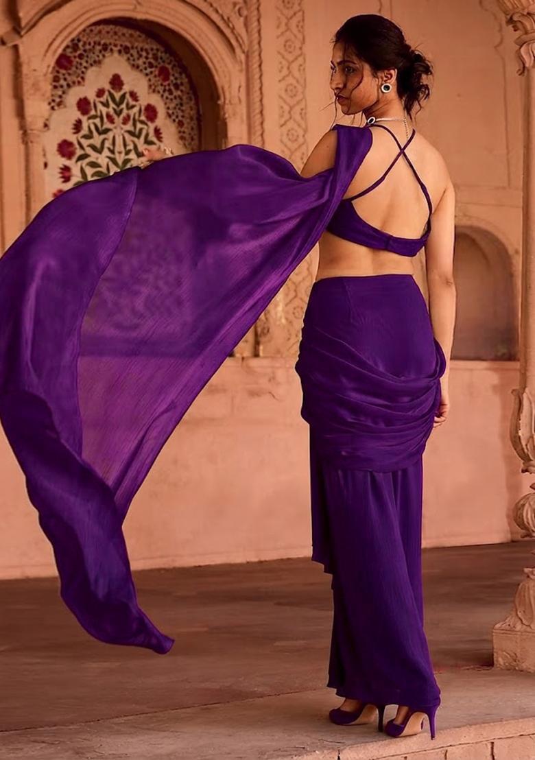 Voilet Handwork Pre Draped Saree Set - Indya