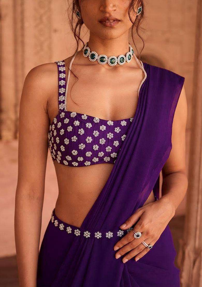 Voilet Handwork Pre Draped Saree Set - Indya