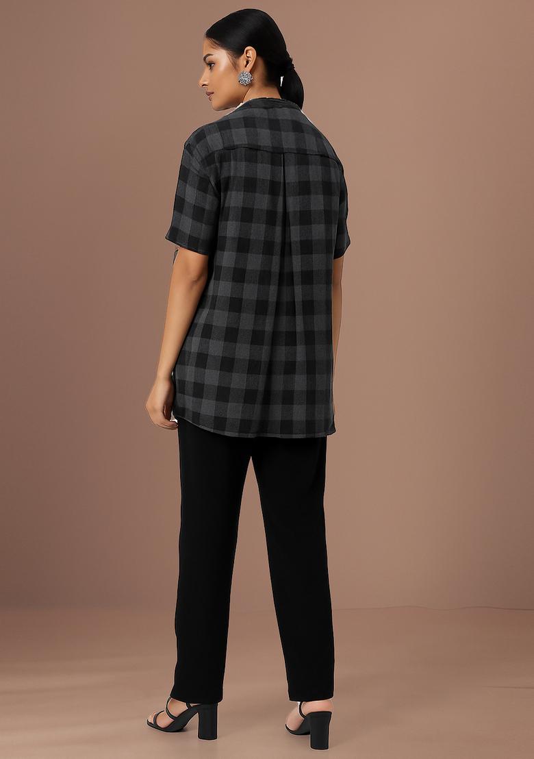 Black And Grey Checked Denim Shirt - Indya