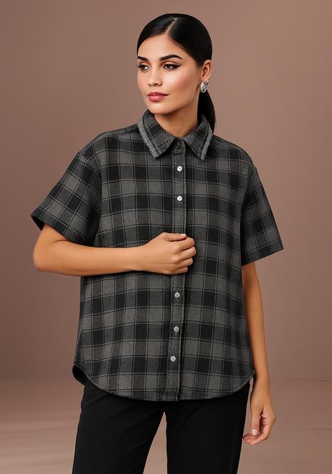 Black And Grey Checked Denim Shirt