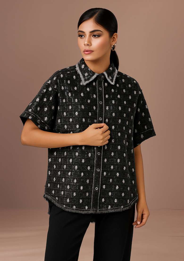 Black Glitter Denim Shirt for Diwali | Wedding & Festive Wear - Indya