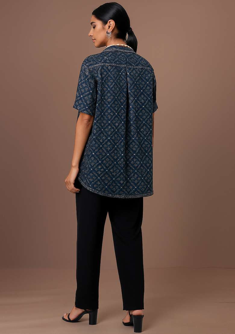 Dark Blue Sequin Denim Shirt for Diwali | Wedding & Festive Wear - Indya