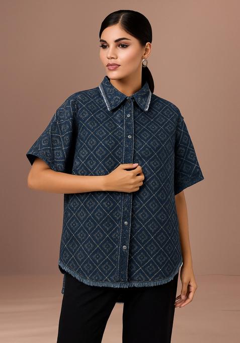 Dark Blue Sequin Denim Shirt