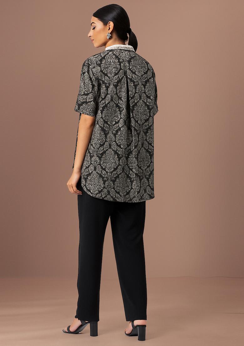 Black And Grey Jacquard Denim Shirt
