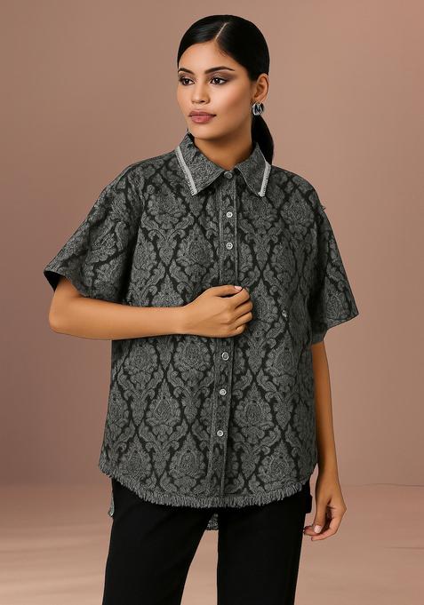 Black And Grey Jacquard Denim Shirt