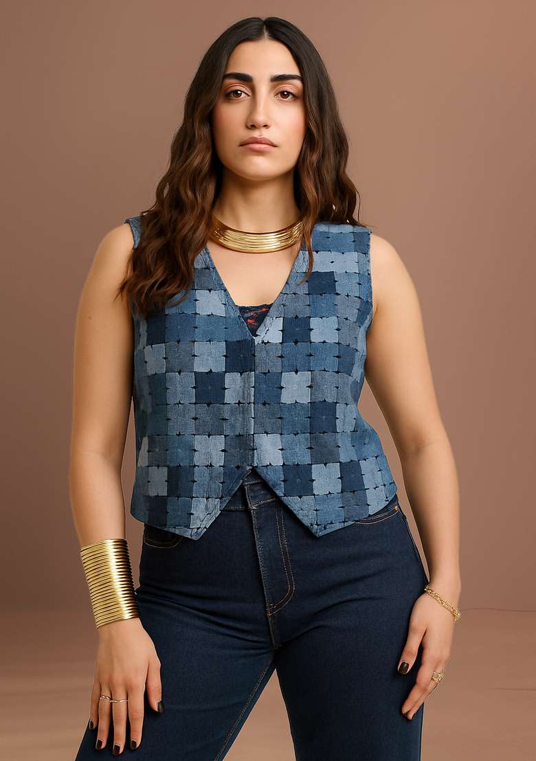 Blue Patchwork Cotton Denim Waistcoat - Indya
