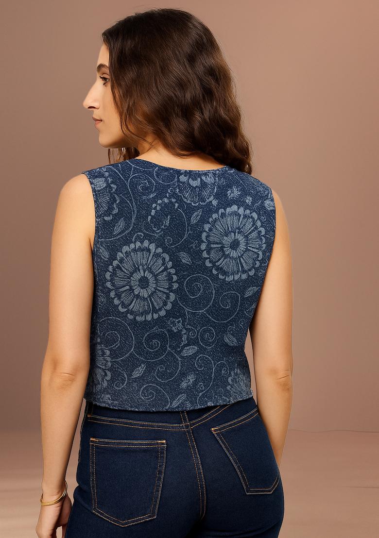 Blue Printed Cotton Denim Waistcoat - Indya