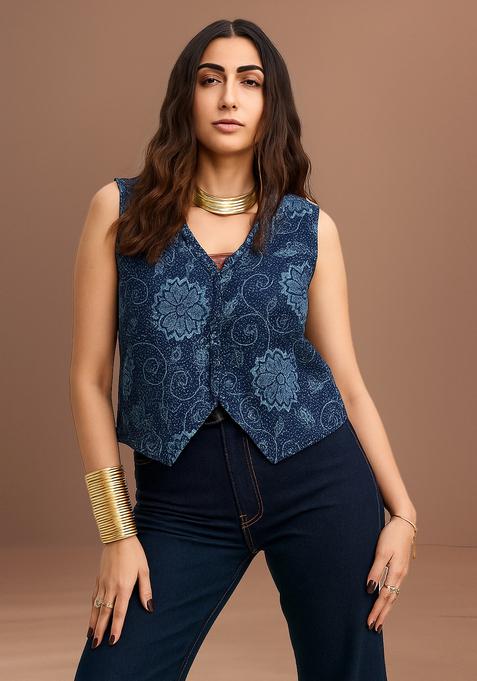 Blue Printed Cotton Denim Waistcoat