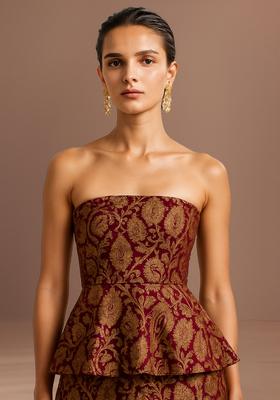 Maroon Jacquard  Peplum Top