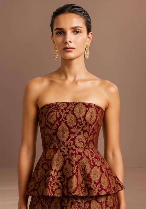 Maroon Brocade Peplum Top