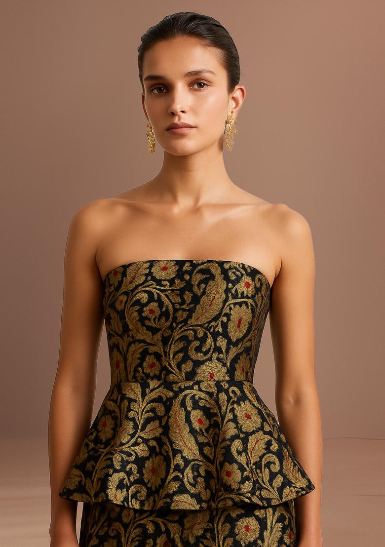 Black Jacquard  Peplum Top - Indya