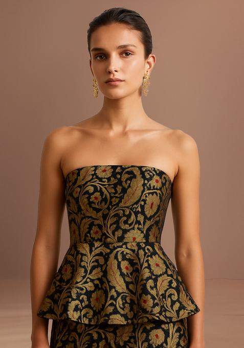 Black Brocade Peplum Top