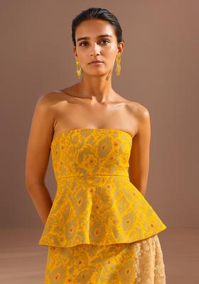 Yellow Jacquard  Peplum Top