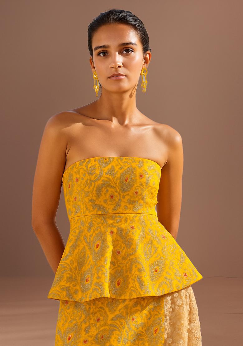 Yellow Jacquard  Peplum Top - Indya