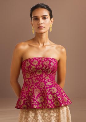 Magenta Pink Jacquard  Peplum Top
