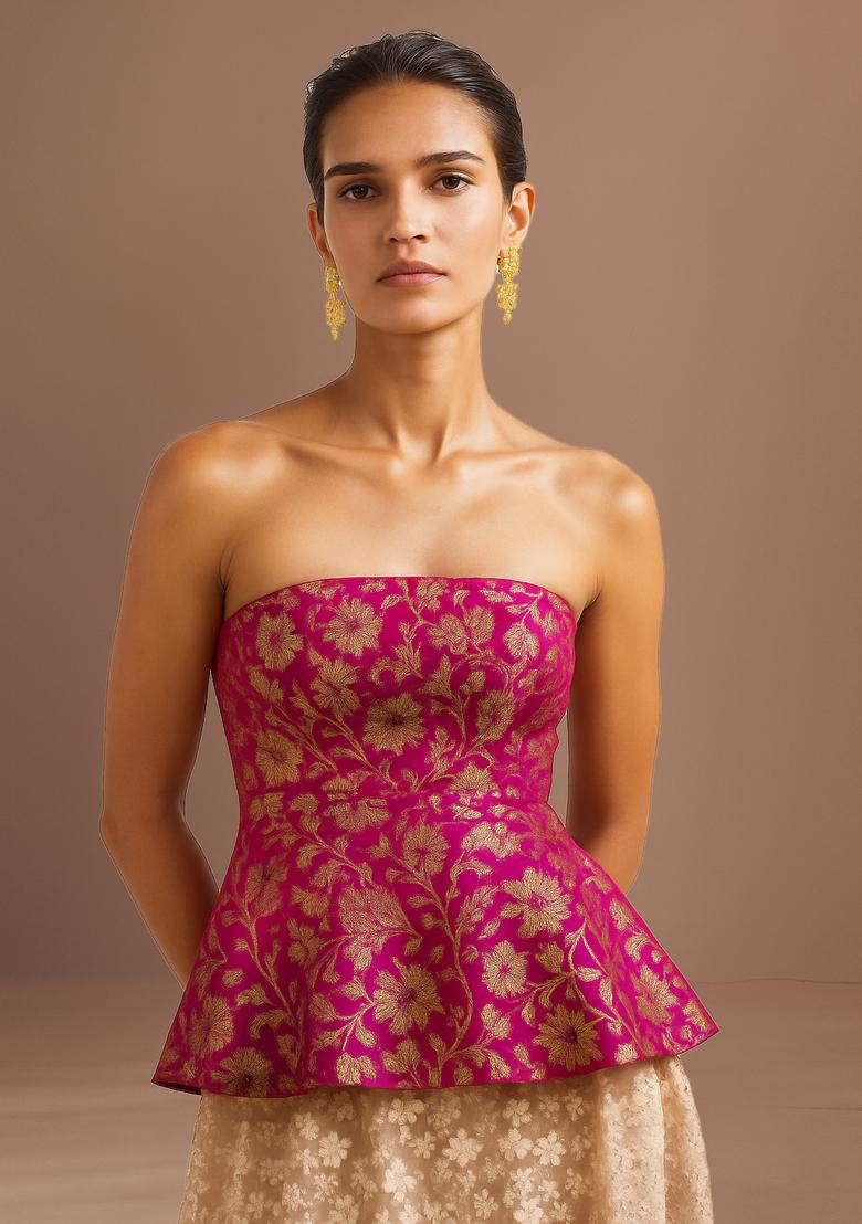 Magenta Pink Jacquard  Peplum Top - Indya
