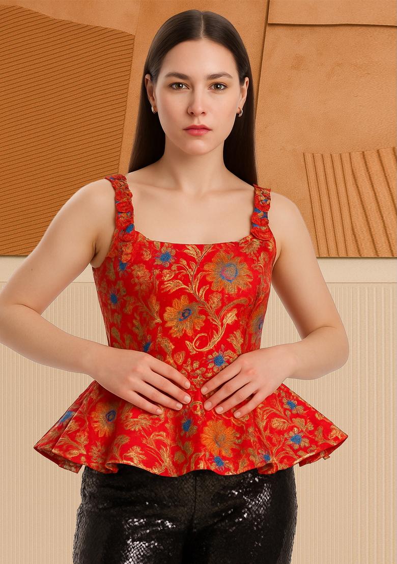 Red Embroidered Brocade Peplum Top