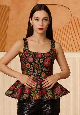 Multicolor Embroidered Brocade Peplum Top