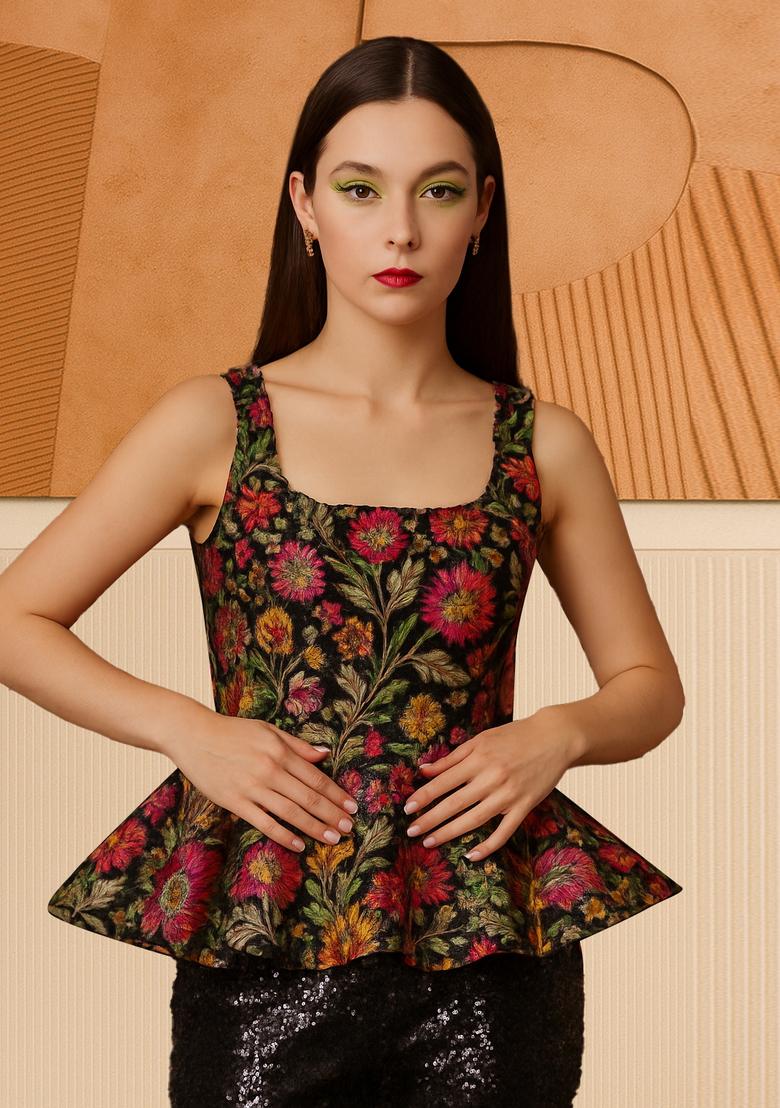 Multicolor Embroidered Brocade Peplum Top