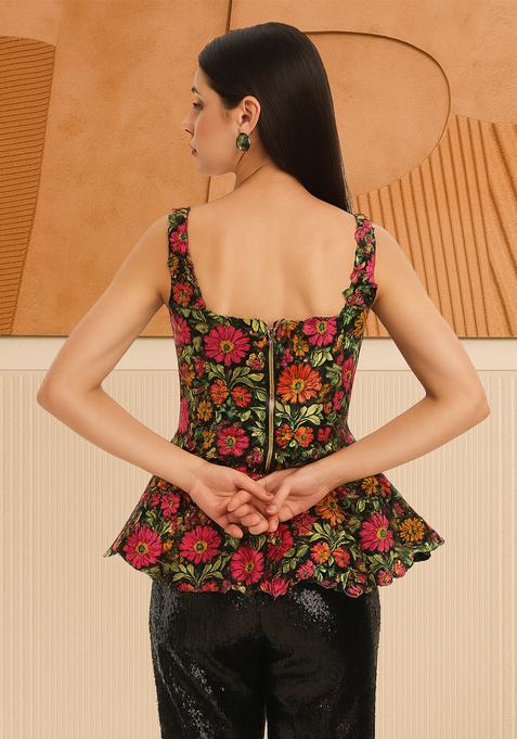Multicolor Embroidered Brocade Peplum Top