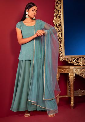 Blue Sharara Set With Sequin Embroidered Short Kurta And Dupatta