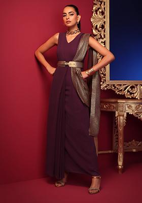 Sangria Purple Foil Pleated Saree Gown with Leather Belt 