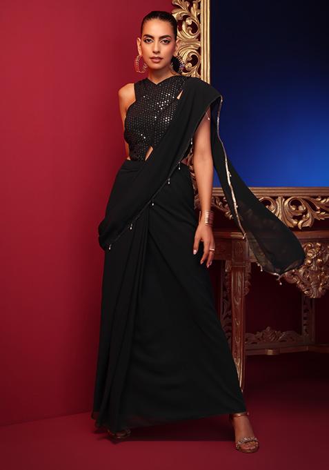 Black Sequin Embroidered Saree Gown 