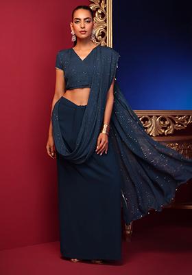 Navy Sequin Embroidered Pre-Stitched Saree