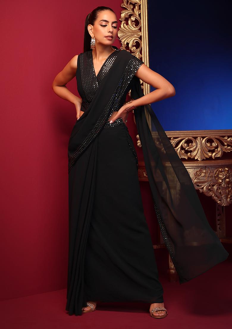 Buy Black Shimmer Pre-Stitched Saree In Sequins With Ready Blouse KALKI  Fashion India