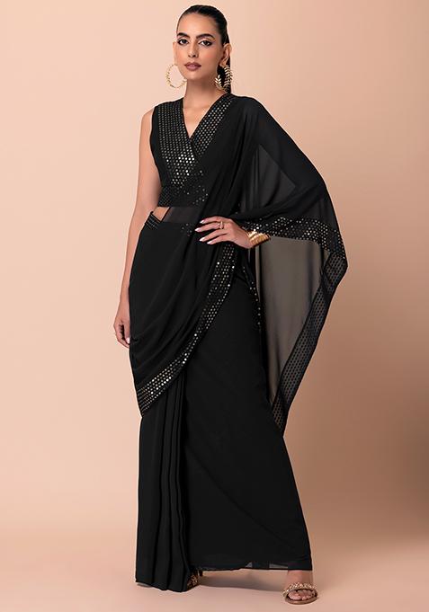 Buy Women Black Sequin Embroidered Pre-Stitched Saree - RTW - Indya