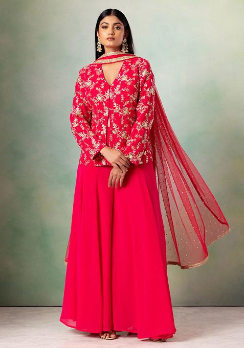 Fuchsia Pink Floral Sequin Embroidered Kurta Set With Sharara And Dupatta