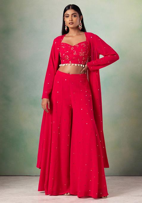 Pink Mukaish Work Jacket Set With Floral Embroidered Blouse And Sharara