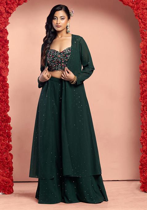 Green Mukaish Work Jacket Set With Floral Embroidered Blouse And Sharara