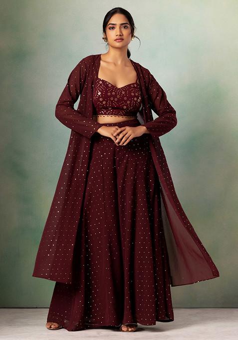 Maroon Mukaish Foil Jacket Set With Floral Embroidered Blouse And Palazzo