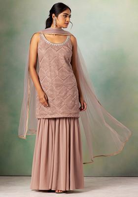 Light Grey Sharara Set With Sequin Thread Embroidered Kurta And Dupatta