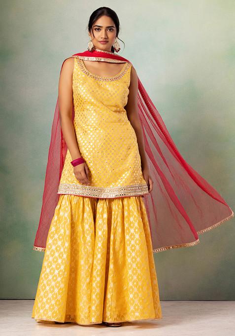 Yellow Jacquard Sharara Set With Embroidered Kurta And Contrast Dupatta