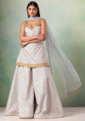 Powder Blue Jacquard Sharara Set With Embroidered Kurta And Dupatta