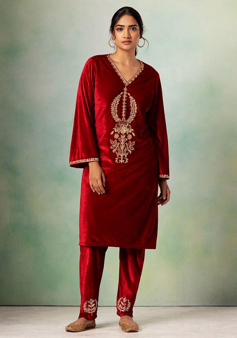 Maroon Floral Hand Embroidered Velvet Kurta Set With Pants And Dupatta