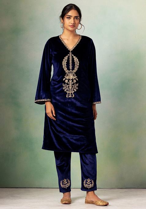 Navy Blue Floral Hand Embroidered Velvet Kurta Set With Pants And Dupatta