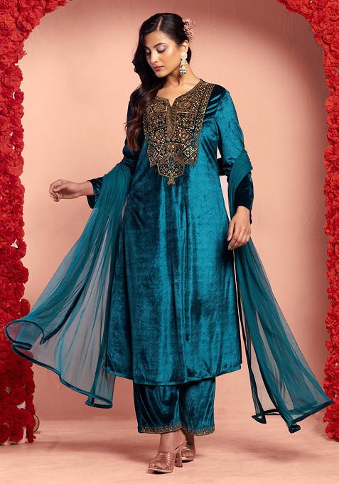 Turquoise Hand Embroidered Velvet Kurta Set With Embroidered Pants And Dupatta