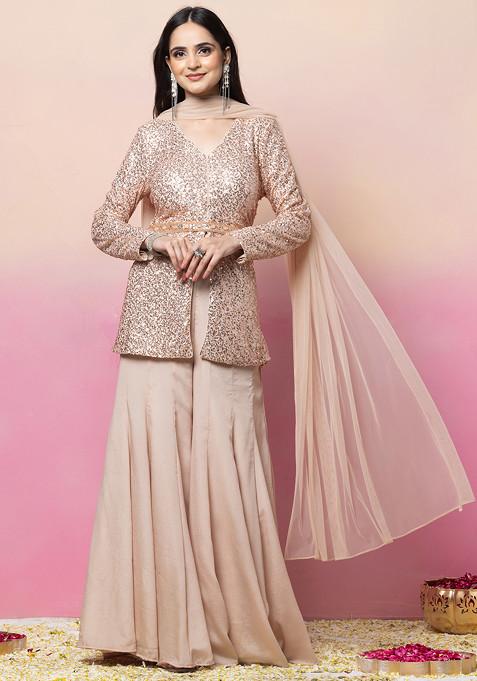 Blush Pink Sequin Embroidered Kurta And Flared Pants Set With Dupatta And Belt