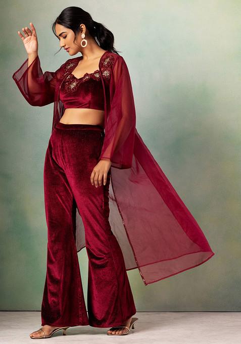 Maroon Organza Jacket Set With Hand Embroidered Velvet Blouse And Pants