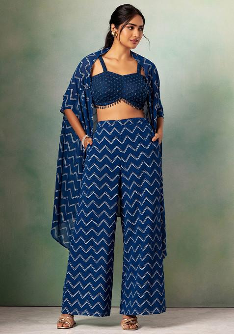 Teal Blue Chevron Bandhani Print Jacket Set With Embroidered Blouse And Pants