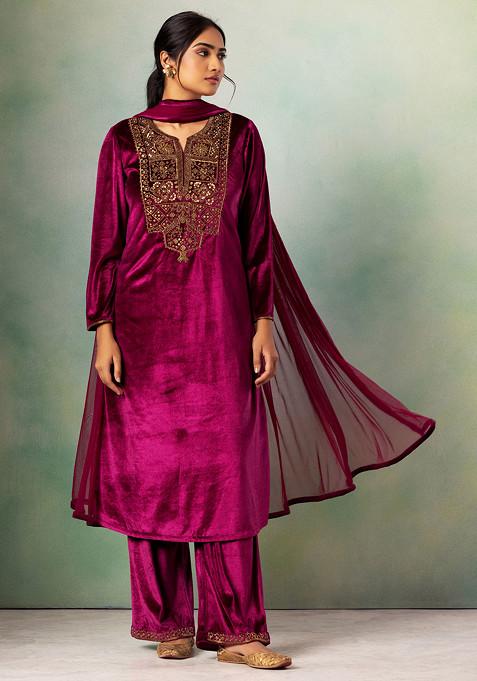 Plum Hand Embroidered Velvet Kurta Set With Embroidered Pants And Dupatta