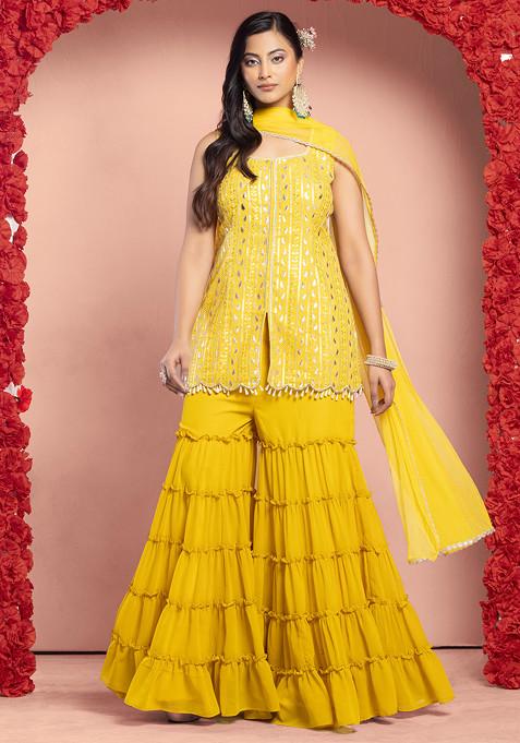Yellow Tiered Sharara Set With Foil Thread Embroidered Kurta And Dupatta