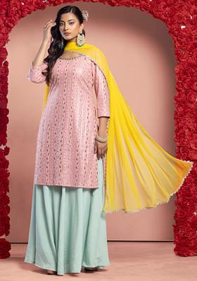 Seafoam Sharara Set With Pink Floral Thread Embroidered Kurta And Contrast Dupatta
