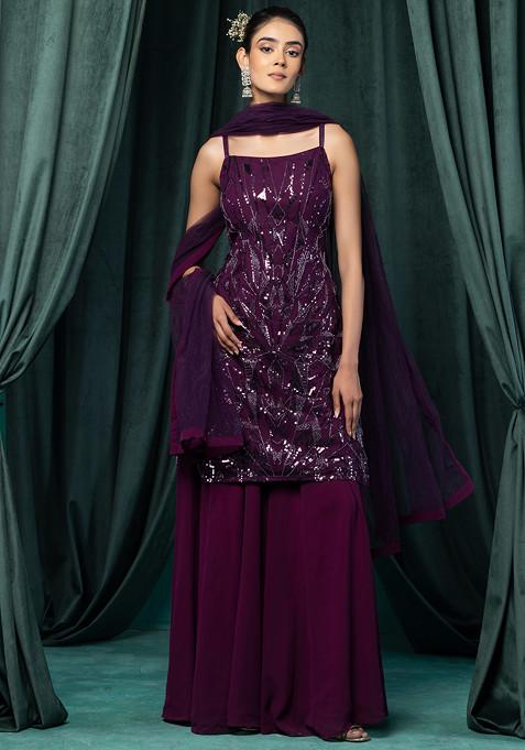 Dark Purple Sharara Set With Abstract Sequin Hand Embroidered Kurta And Dupatta