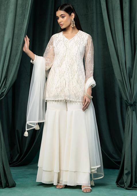 Off White Sharara Set With Sequin Bead Embroidered Kurta And Dupatta