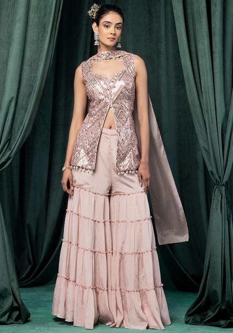 Pastel Pink Tiered Sharara Set With Sequin Geometric Embroidered Kurta And Dupatta